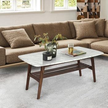 Laura 43" x 24" Rectangular Italian Carrara White Marble Coffee Table with Shelf